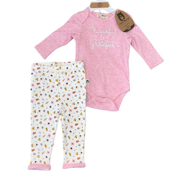 NWT Rabbit + Bear Pink/Ivory Thankful & Grateful Print Bodysuit & Pants - 6-9M - Picture 1 of 9